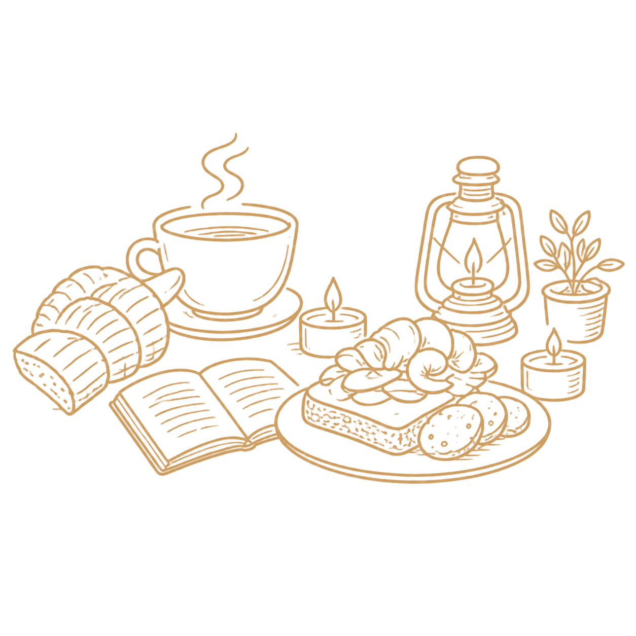 A still life of a steaming cup, a candle and a pastry on a quiet café table.